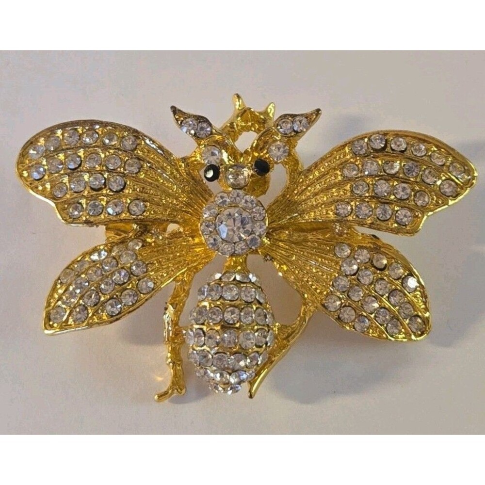 Vintage Rhinestone Bee Brooch Pin Gold Tone Insect Pave Jewelry Bling Statement